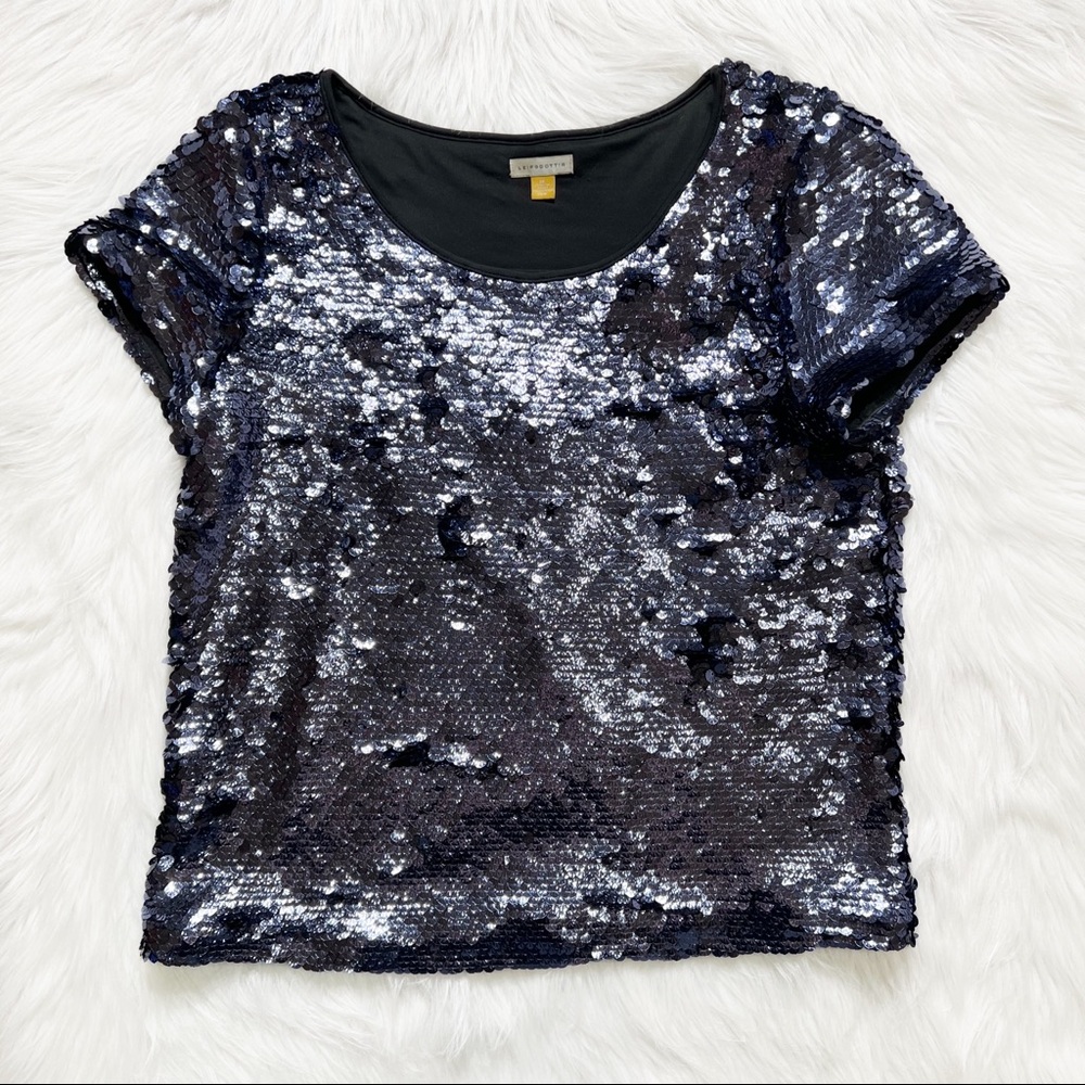 SOLD-Anthropologie Blue Jewel Tone Sequin Short Sleeve Blouse Tee - Picture 9 of 11